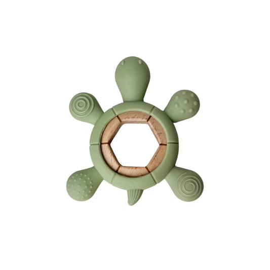 Pekaboo - Silicone and wood teething toy - Green turtle