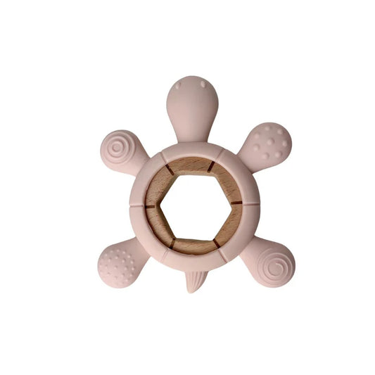 Pekaboo - Silicone and wood teething toy - Pink turtle