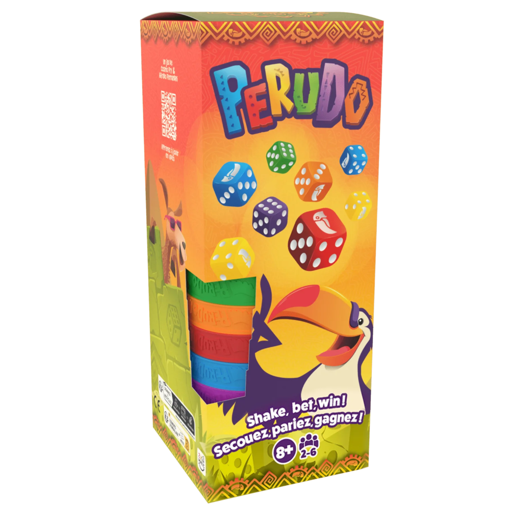 Perudo est un jeu de dés où le bluff et la déduction sont essentiels. Chaque joueur cache ses dés sous un gobelet et tente d’estimer combien de dés identiques se trouvent en jeu. À tour de rôle, on annonce une combinaison ou on met en doute celle du précédent. Quand quelqu’un crie « Dudo ! », tous révèlent leurs dés pour vérifier. Le but : garder ses dés le plus longtemps possible !