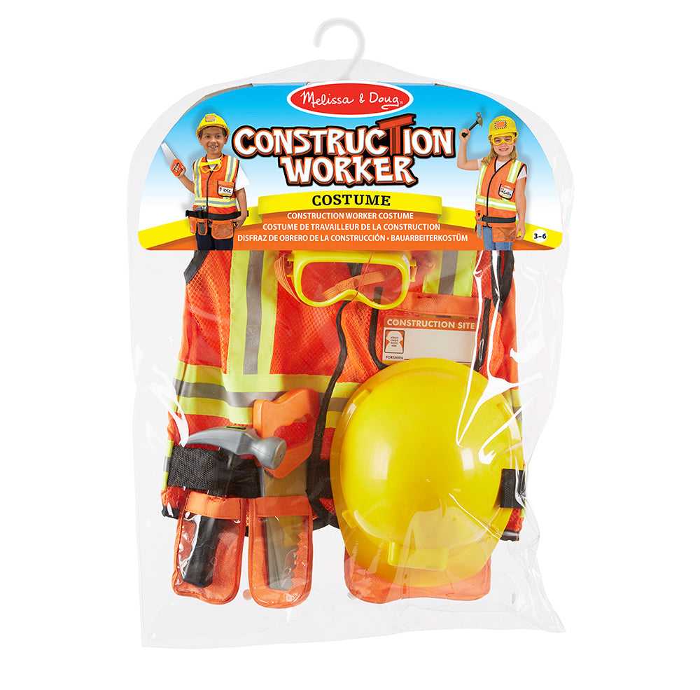 Costume complet de la construction : gilet, casque, outils et badge personnalisable. Solide, facile à nettoyer, il favorise imagination et jeu créatif.