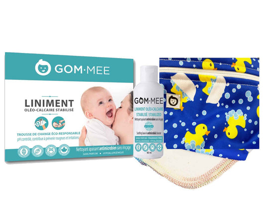 GOM-MEE - Eco-responsible changing kit: 60ml stabilized oleo-limestone liniment, 3 unbleached cotton wipes and pouch for soiled wipes